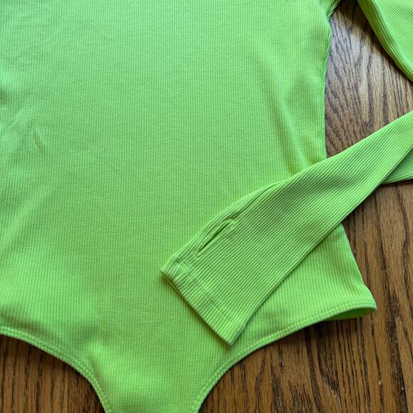 AGolde Bea Asymmetric Cutaway Thong Bodysuit Lime Green Thumb Hole Size Large - Picture 7 of 16